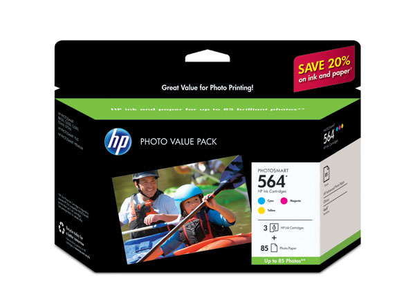 HP CG925AN Cyan, Yellow, Magenta OEM Ink Cartridges w/ photo sheets (Photo Value Pack, 3pk w/ 85 advanced photo sheets)